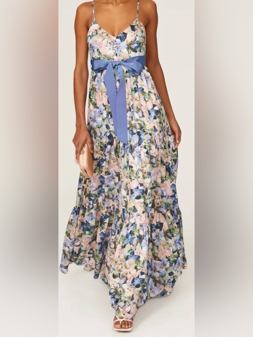 Badgley Mischka Floral Full LengthMaxi Dress with Blue Waistband/Pastel Print: 6